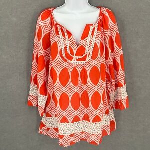 Crown & Ivy Top Women 2X Orange White Geometric Print Lace‎ Trim Long Sleeve